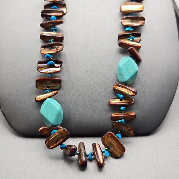 VTG Paua Abalone Shell Stick Bead Necklace 30" Howlite Chunks & Turquoise Chips - Picture 2 of 12